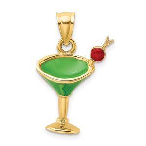 CLOSEOUT! 14k Yellow Gold Small Green Martini Drink w/ red Cherry Charm Pendant
